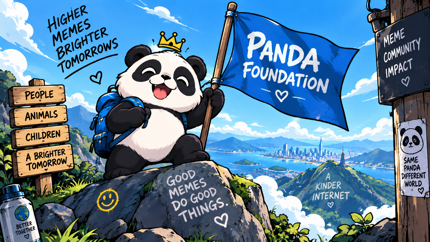 Panda Foundation flag flying above a bright mountain city