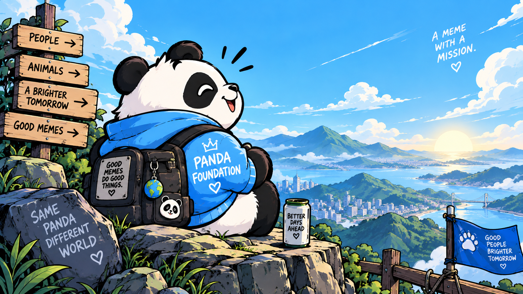 Panda looking toward a bright horizon from a mountain