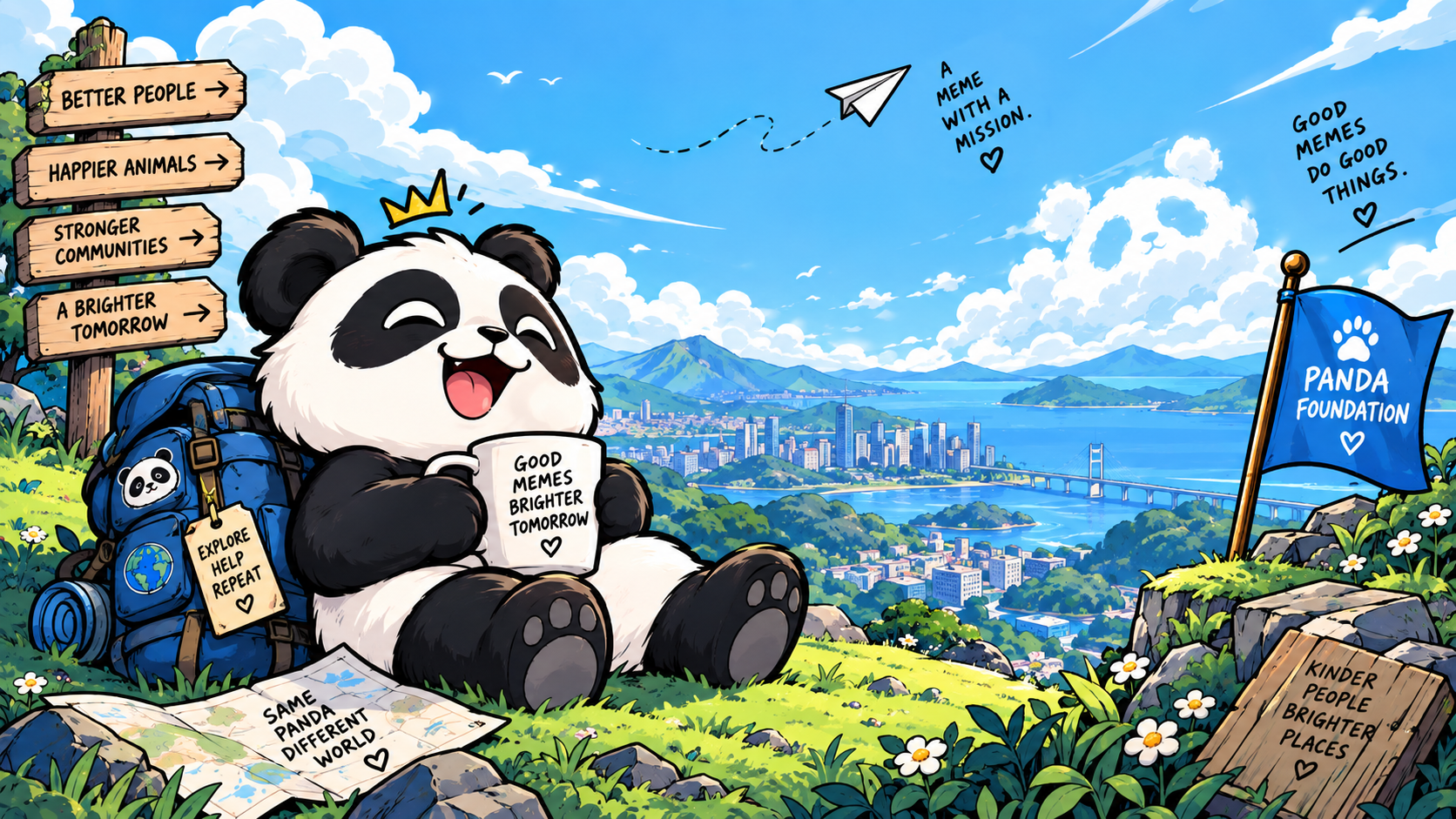 Panda planning a brighter tomorrow from a green hillside