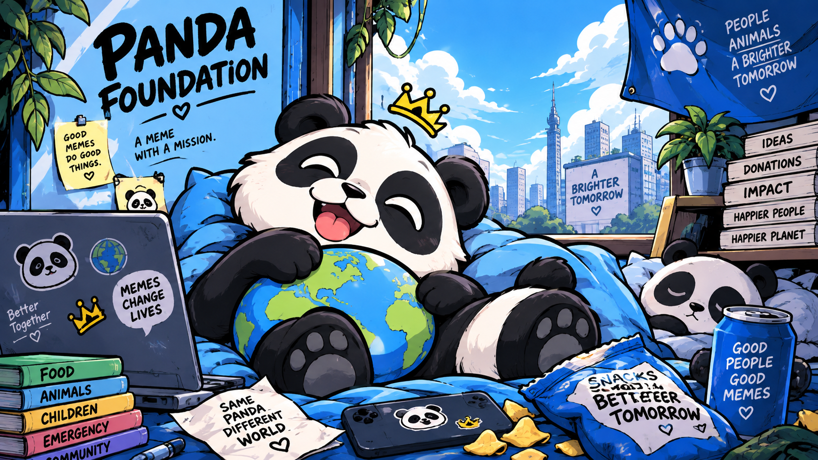 Panda Foundation panda relaxing with games, snacks and mission notes